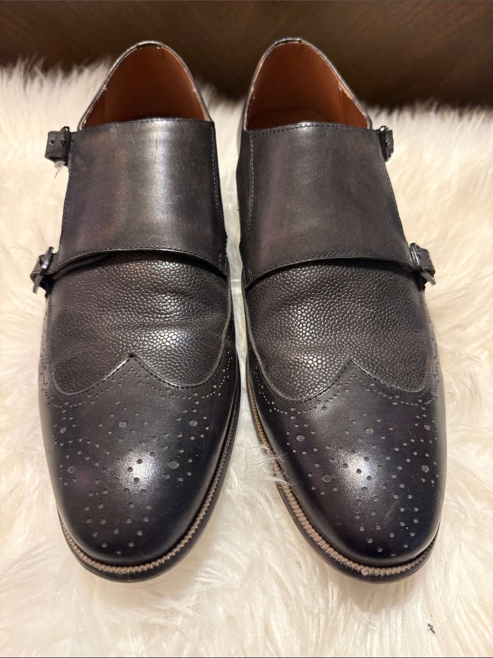 Men's Black Leather Double Monk Strap Brogue Derby